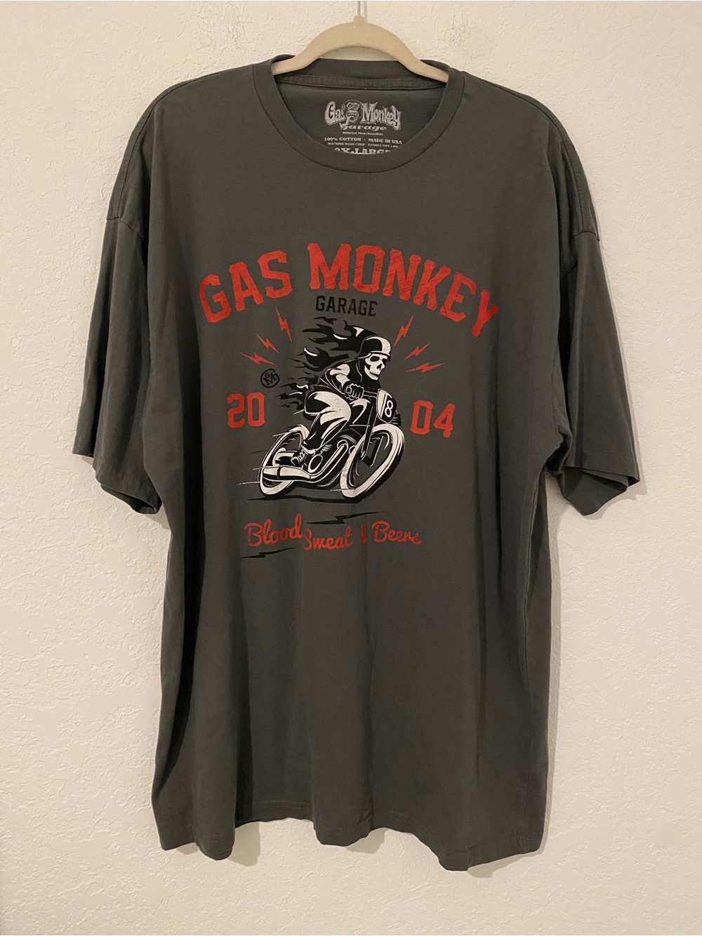 Gas Monkey Garage. Blood sweat and beers. Skull, motorcycle,